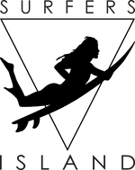 Silhouette logo of a woman surfing inside an inverted triangle – official emblem of Surfers Island.