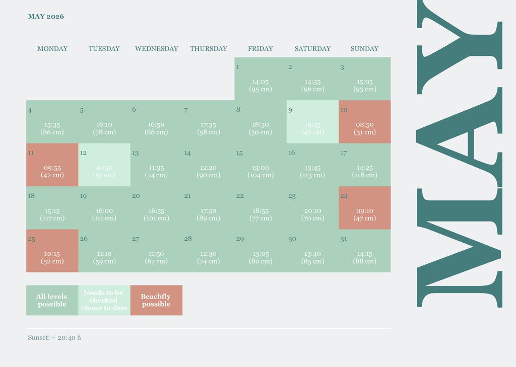 Tide calendar for May 2026 by Surfers Island in Morro Jable, Fuerteventura — daily water levels for kite and surf courses at Risco del Paso lagoon and beach-friendly times for all skill levels