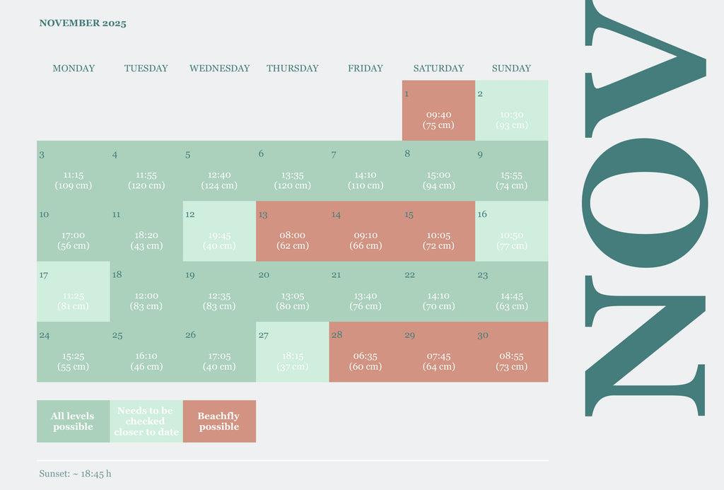 Tide calendar for November 2025 by Surfers Island in Morro Jable, Fuerteventura — includes daily water levels for kite and surf course planning at Risco del Paso lagoon and surrounding spots